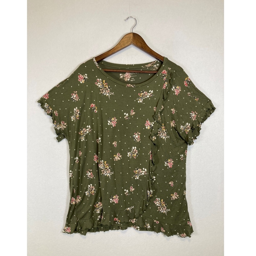 Cottagecore a glow Maternity Women XXL Olive‎ Green Floral Ruffle Faux Wrap Top